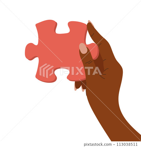 Hand with a puzzle piece. Puzzle pieces symbol of teamwork. Solving a business problem in a puzzle, partnership success. Vector 113038511