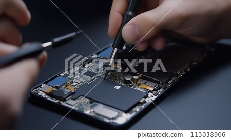 Technician repairing smartphone with soldering iron, close up view. Technician repairing smartphone with soldering iron, close up view. 113038906