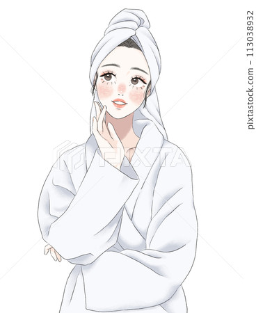 一個穿著浴袍的女人斜向上看 一個穿著浴袍的女人斜向上看 113038932