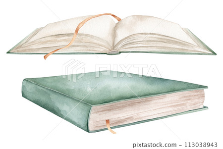 Set of books watercolor illustration isolated on white background. Open books green colors with bookmarks. Vintage old textbooks watercolor hand drawn. 113038943