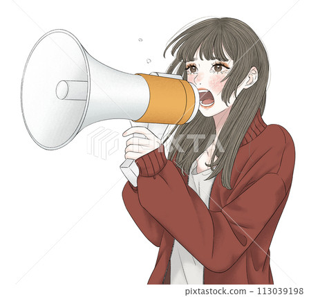 A crying woman shouting into a loudspeaker A crying woman shouting into a loudspeaker 113039198