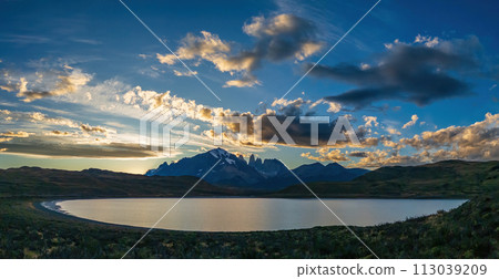 Majestic Sunset Over Mountain and Lake Landscape Majestic Sunset Over Mountain and Lake Landscape 113039209