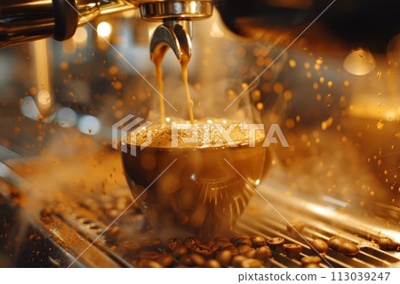 Espresso shot pouring, steam rising, rich color against shiny machine backdrop 113039247