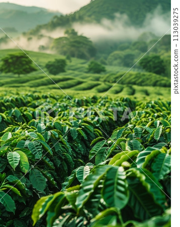 Morning mist blankets the coffee farm, highlighting lush greenery and thriving coffee plants in the fields Morning mist blankets the coffee farm, highlighting lush greenery and thriving coffee plants in the fields 113039275