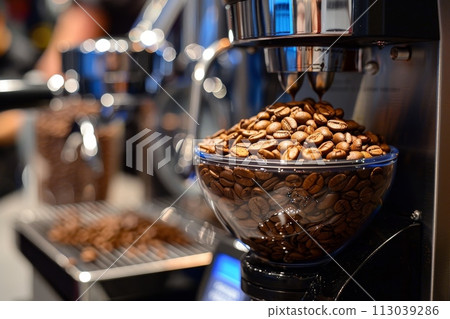 Specialty coffee brewing with barista focus, precise tools, scales, grinder, and high-quality beans displayed Specialty coffee brewing with barista focus, precise tools, scales, grinder, and high-quality beans displayed 113039286