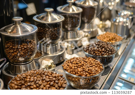 Specialty coffee brewing, barista focus, precision tools, scales, and grinder, high-quality beans on display 113039287