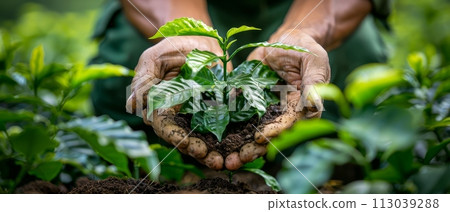 Sustainable coffee farming with lush green plantations emphasizes sustainability through hands nurturing soil and coffee plants 113039288