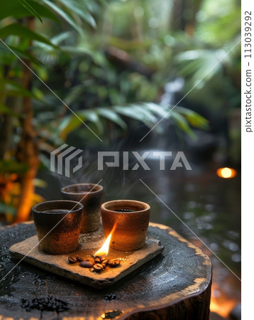 Traditional coffee ceremony setup, incense, freshly roasted beans, small cups, cultural and intimate atmosphere 113039292