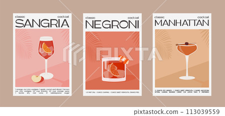 Sangria, Negroni and Manhattan Cocktail. Classic alcoholic beverage recipe. Modern trendy print. Summer aperitif wall art. Garnished drink graphic print for bar menu. Minimalist poster. Vector. 113039559