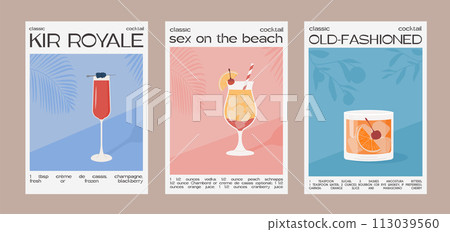 Kir Royale, Sex on the beach and Old fashioned Classic Cocktail recipe with ingredients. Summer aperitif wall art. Garnished alcoholic beverage graphic print. Minimalist poster. Vector illustration. 113039560