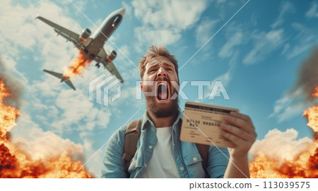 Aerophobia, fear of flying by air plane concept. Person in panic, afraid of aeroplane holding boarding pass and imagining a burned plane in the sky. Psychology disorder, phobia of airplane travel. 113039575