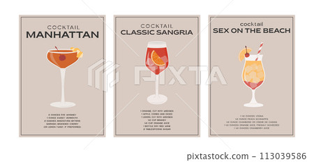 Sangria, Sex on the beach and Manhattan Cocktail. Classic alcohol beverage recipe with ingredients. Modern trendy graphic print. Minimalist simple poster set with garnished drink. Vector illustration. 113039586