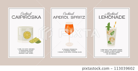 Caipiroska, Aperol Spritz Cocktail and Lemonade Mocktail. Classic alcohol beverage recipe with ingredient. Modern trendy graphic print. Minimalist simple poster set. Vector illustration. Caipiroska, Aperol Spritz Cocktail and Lemonade Mocktail. Classic alcohol beverage recipe with ingredient. Modern trendy graphic print. Minimalist simple poster set. Vector illustration. 113039602