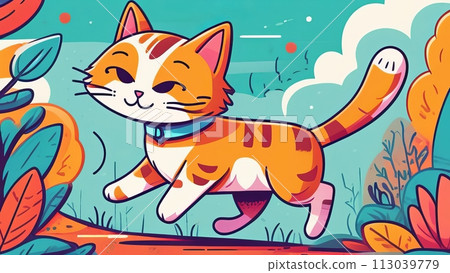 Vibrant cartoon illustration of a cheerful cat walking with a backdrop of stylized plants 113039779