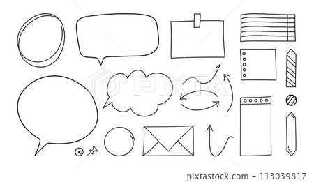 Doodle paper notes set. Paper sheets, speech bubbles, bookmarks, pins and arrows. Vector illustration Doodle paper notes set. Paper sheets, speech bubbles, bookmarks, pins and arrows. Vector illustration 113039817