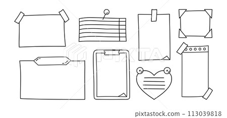 Doodle paper notes set. Paper sheets, stickers and pins. For to do list and memo. Vector illustration Doodle paper notes set. Paper sheets, stickers and pins. For to do list and memo. Vector illustration 113039818