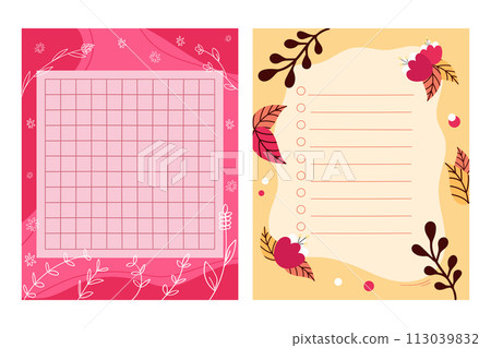Paper notes set decorated with leaves and flowers. Templates for memo, reminder or to do list. Vector illustration Paper notes set decorated with leaves and flowers. Templates for memo, reminder or to do list. Vector illustration 113039832