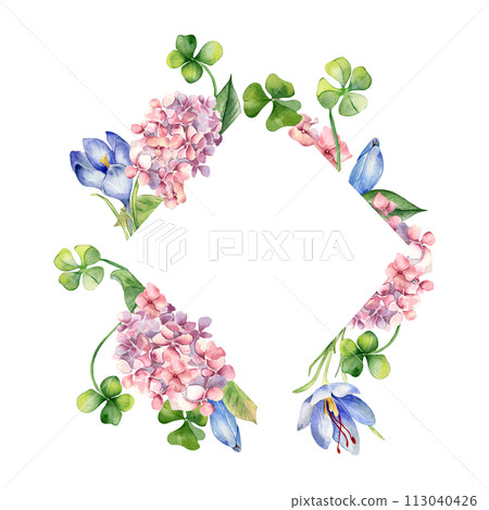 Frame with flowers and shamrock watercolor illustration isolated on white. Painted pink hydrangea flowers frame. Hand drawn Irish symbol. Design for St. Patrick day, Easter, springtime, package Frame with flowers and shamrock watercolor illustration isolated on white. Painted pink hydrangea flowers frame. Hand drawn Irish symbol. Design for St. Patrick day, Easter, springtime, package 113040426