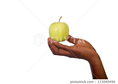 close up of female hand with apple. close up of female hand with apple. 113040494