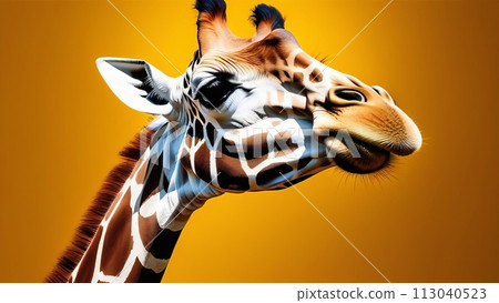 portrait of a giraffes head with a vivid and stylized approach against a warm yellow backdrop portrait of a giraffes head with a vivid and stylized approach against a warm yellow backdrop 113040523