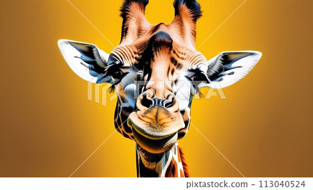 A close-up of a smiling giraffe, capturing its curious expression against a yellow backdrop A close-up of a smiling giraffe, capturing its curious expression against a yellow backdrop 113040524