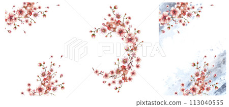 Branch from spring sakura, cherry tree Card, wreath template illustration Hand drawn blossoms trees, buds, flowers on grey watercolor spots splashes background Springtime clipart Isolated illustration 113040555