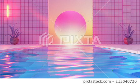 Abstract geometric pool party background with colorful neon lines. Summer light music show scene 113040720