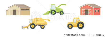 Rural Building and Transport with Tractor and Barn Vector Set Rural Building and Transport with Tractor and Barn Vector Set 113040837