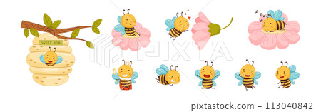 Cute Honey Bee Character with Pretty Face and Striped Body Vector Set 113040842