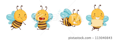 Cute Honey Bee Character with Pretty Face and Striped Body Vector Set Cute Honey Bee Character with Pretty Face and Striped Body Vector Set 113040843
