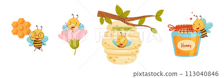Cute Honey Bee Character with Pretty Face and Striped Body Vector Set 113040846