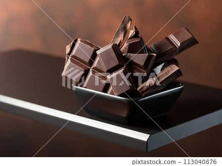 Broken dark chocolate bar in small black dish. 113040876
