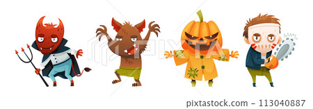 Funny Halloween Character with Devil, Werewolf, Jack Lantern and Man with Saw Vector Set Funny Halloween Character with Devil, Werewolf, Jack Lantern and Man with Saw Vector Set 113040887