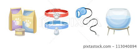 Pet Shop Product Assortment and Animal Accessory Vector Set 113040894