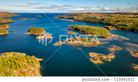 Rocky Shore on East Coast of Atlantic Ocean. Aerial Nature Background. Rocky Shore on East Coast of Atlantic Ocean. Aerial Nature Background. 113041012