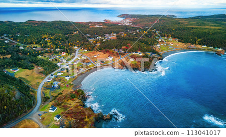 Small Town, Coast on East Coast of Atlantic Ocean. Aerial Nature Background. 113041017