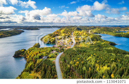 Small Town, Coast on East Coast of Atlantic Ocean. Aerial Nature Background. Small Town, Coast on East Coast of Atlantic Ocean. Aerial Nature Background. 113041071