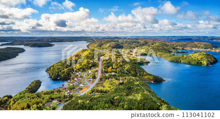 Small Town, Coast on East Coast of Atlantic Ocean. Aerial Nature Background. 113041102