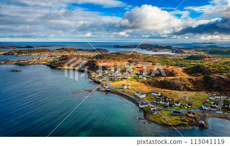 Small Town, Coast on East Coast of Atlantic Ocean. Aerial Nature Background. 113041119