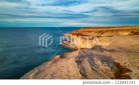 Rocky Shore on East Coast of Atlantic Ocean. Aerial Nature Background. Rocky Shore on East Coast of Atlantic Ocean. Aerial Nature Background. 113041141