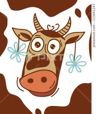 Funny cartoon cow, simple children s drawing in doodle style. Farm animals, barnyard, cattle. hand drawing. Not AI, T-shirt. Vector illustration 113041247