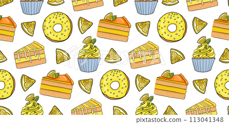 Seamless pattern with lemons desserts. 113041348