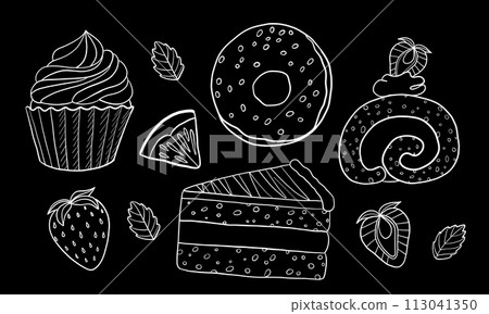Various strawberry cakes, dessert doodle vector set 113041350