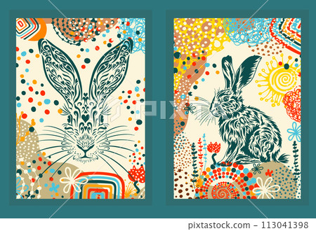 Easter bunny poster. Postcard Happy Easter . hand drawing. Not AI. Vector illustration 113041398