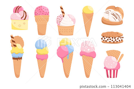 Set of hand drawn different kinds of ice cream. Bright food illustrations 113041404