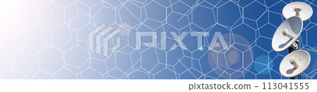 Several telecommunications antennas of a cellular network and wireless internet in the rays of the sun against a blue sky. Receiving and digitizing multiple pieces of information at once. Panoramic 113041555