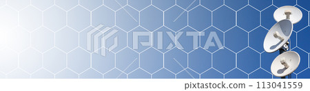 Several telecommunications antennas of a cellular network and wireless internet against a blue sky. Receiving and digitizing multiple pieces of information at once. Panoramic frame. Blue background. Several telecommunications antennas of a cellular network and wireless internet against a blue sky. Receiving and digitizing multiple pieces of information at once. Panoramic frame. Blue background. 113041559