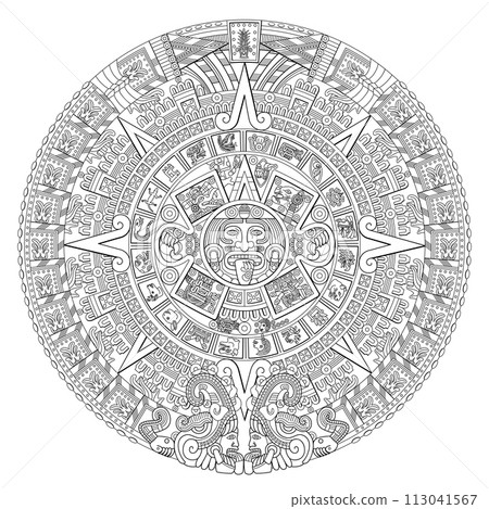 Aztec Sun Stone. At the center of the disc appears the glyph called movement with the face of solar deity Tonatiuh, surrounded by the 20 day signs. At the top 13-Reed, the year of the Fifth Sun, 1479. 113041567