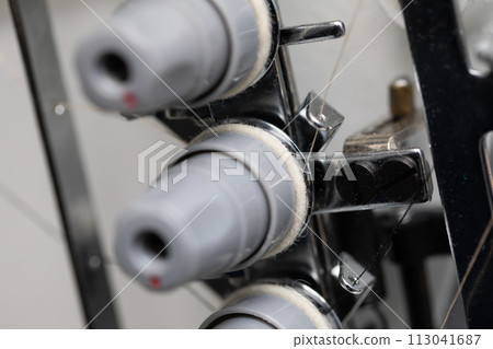 Industrial sewing machine, 3-needle cylindrical render for tailoring factory. 113041687