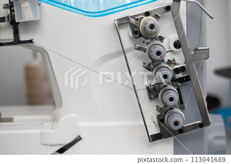 Industrial sewing machine, 3-needle cylindrical render for tailoring factory. 113041689